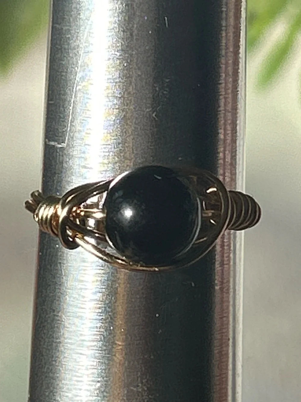 💍 Handcrafted Gold Tone Wire-Wrapped Ring with Black Tourmaline Bead